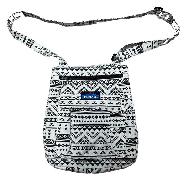 Kavu Mini Keeper Canvas Crossbody Bag Black White Geometric Aztec Small Purse - Picture 1 of 16